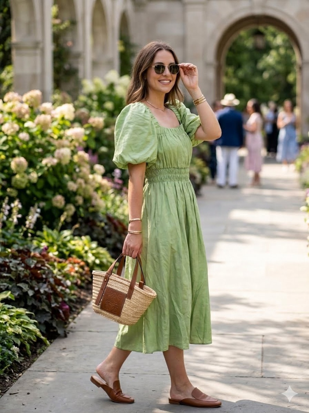 002. J.NNA Light Green Puff-Sleeve Smocked Midi Dress